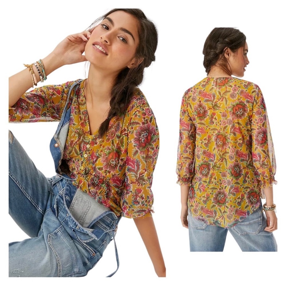 ANTHROPOLOGIE Gretchen Smocked Mesh Sleeve Blouse 2X